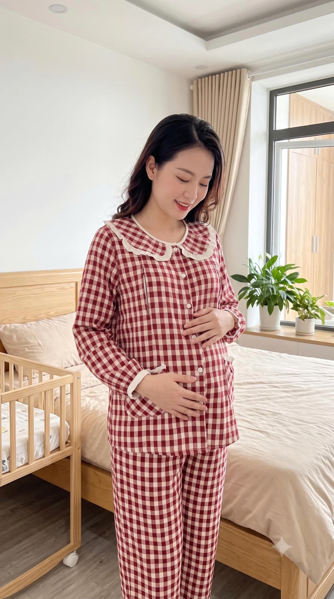 Bộ bầu cổ sen bèo caro đỏ