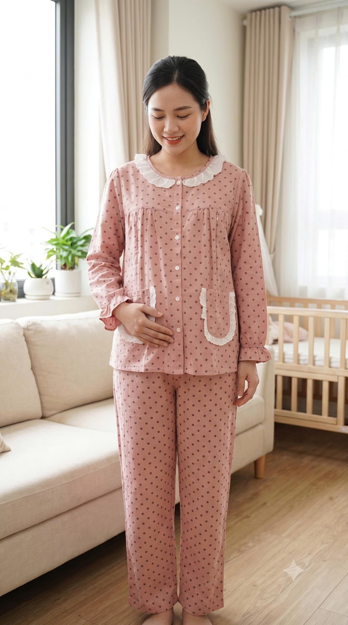 Bộ bầu chấm bi hồng viền ren