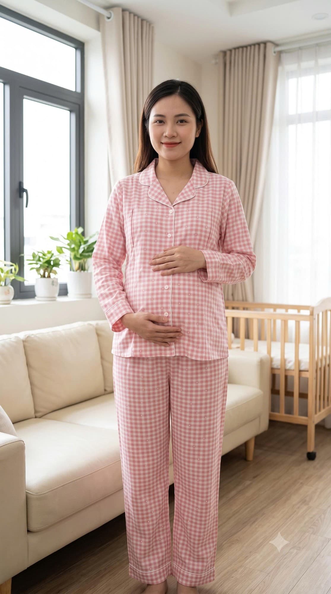 Bộ bầu pijama caro hồng