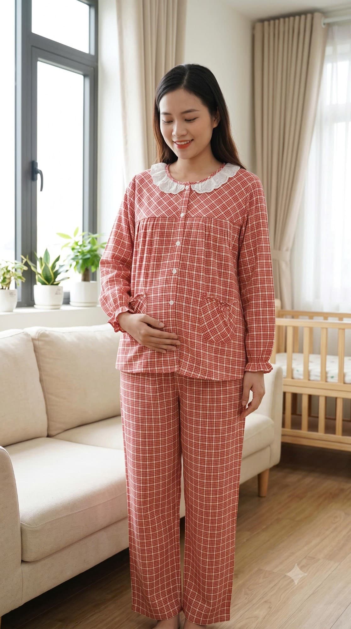 Bộ bầu cổ ren kẻ đỏ cam