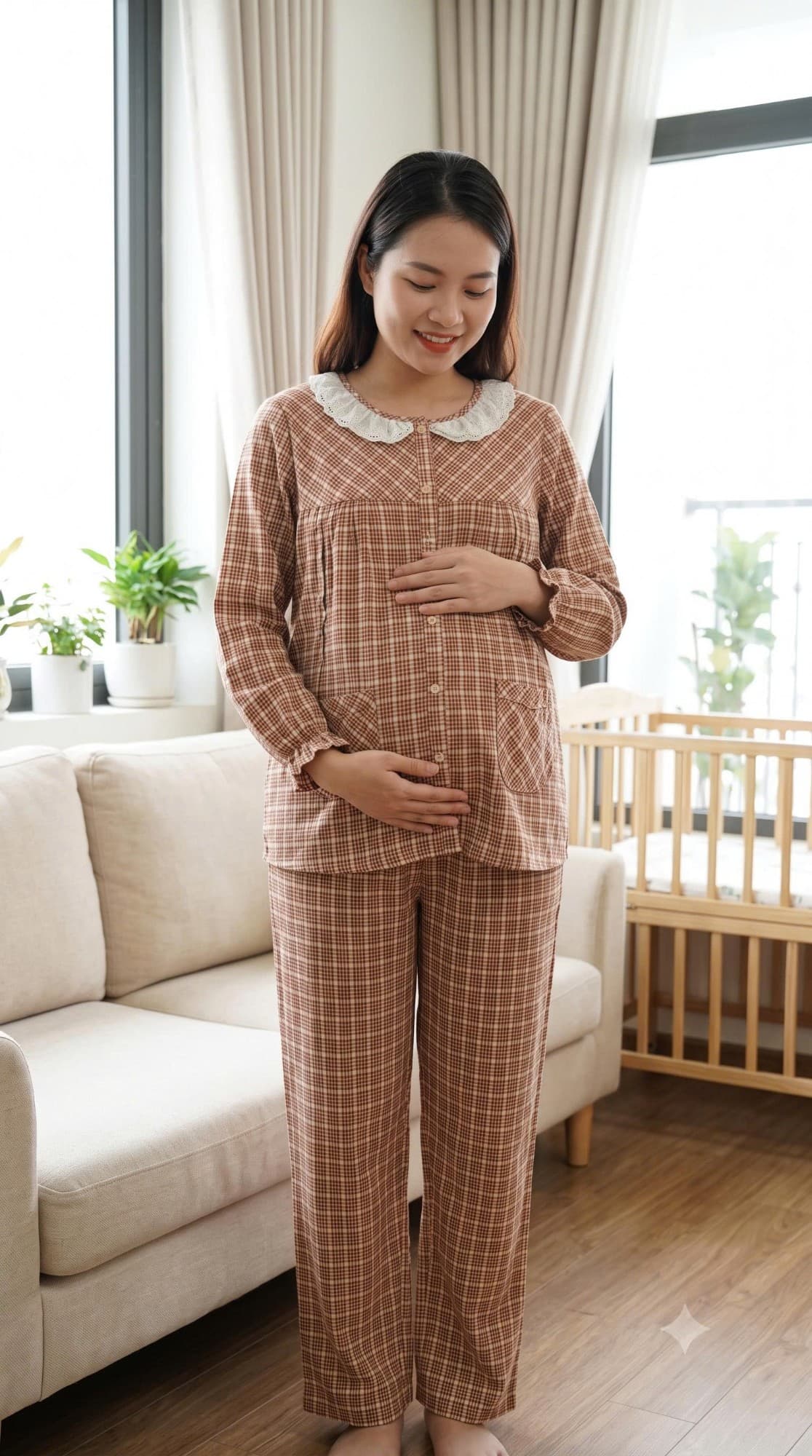 Bộ bầu cổ ren kẻ nâu