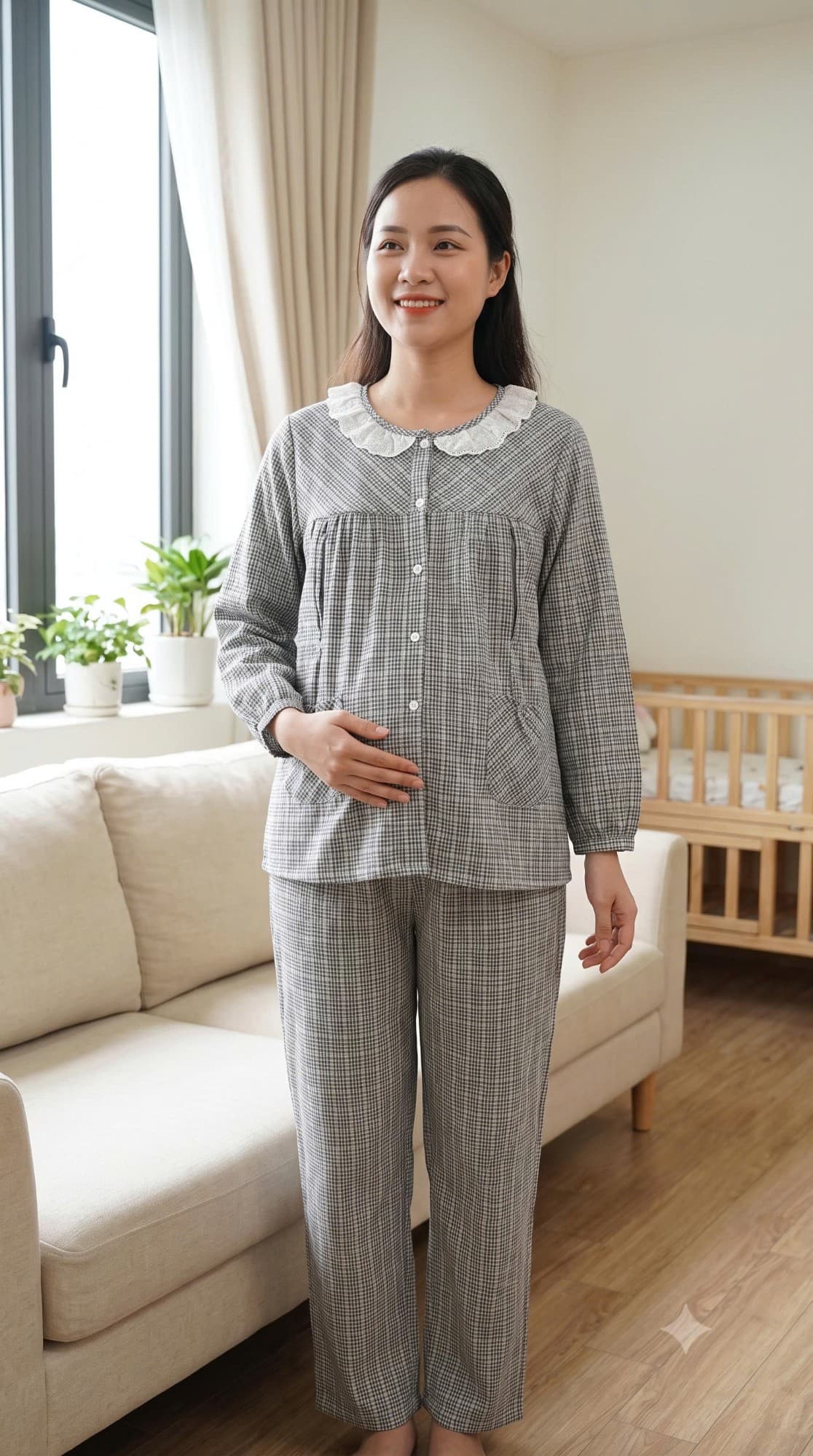 Bộ bầu cổ ren kẻ ghi