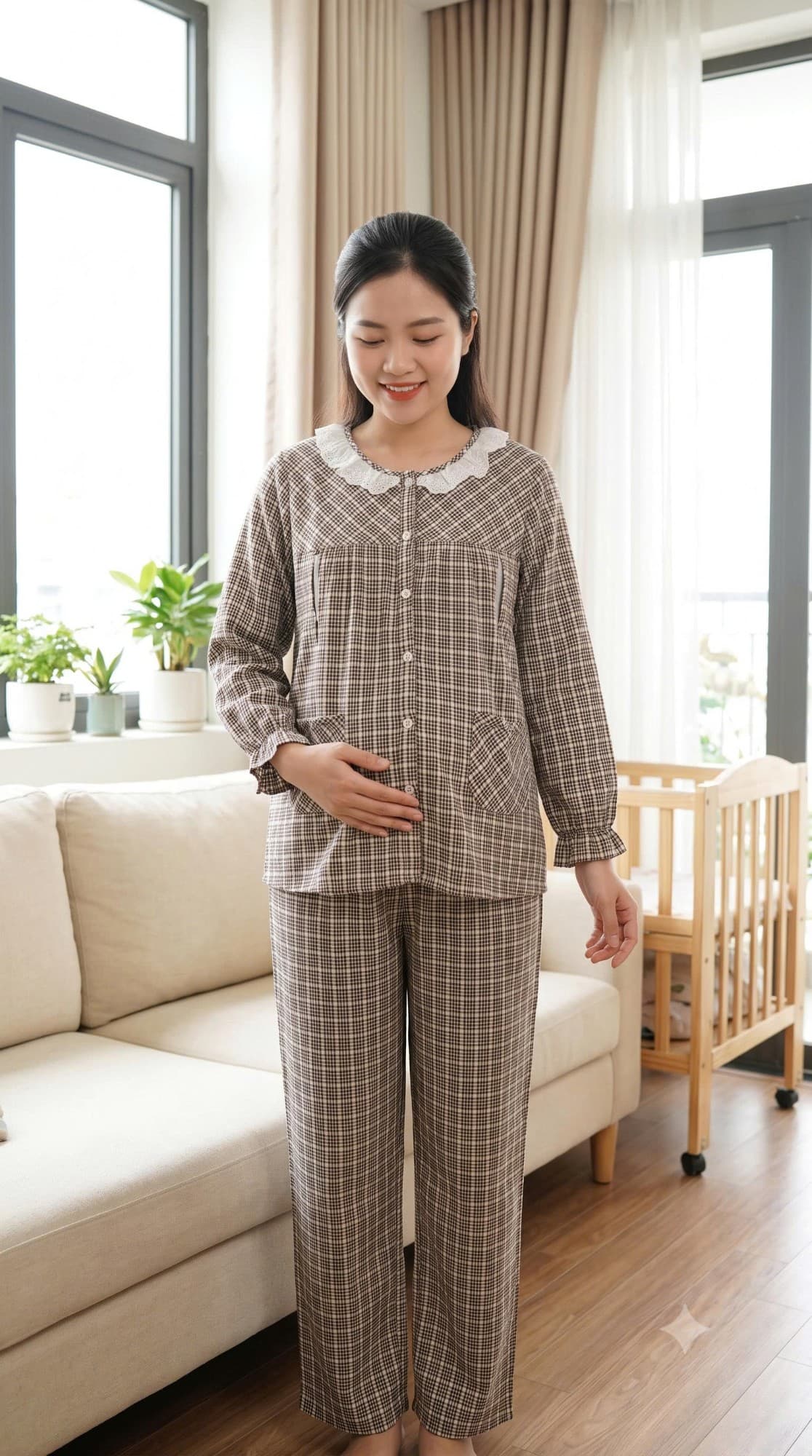 Bộ bầu cổ ren kẻ nâu đen
