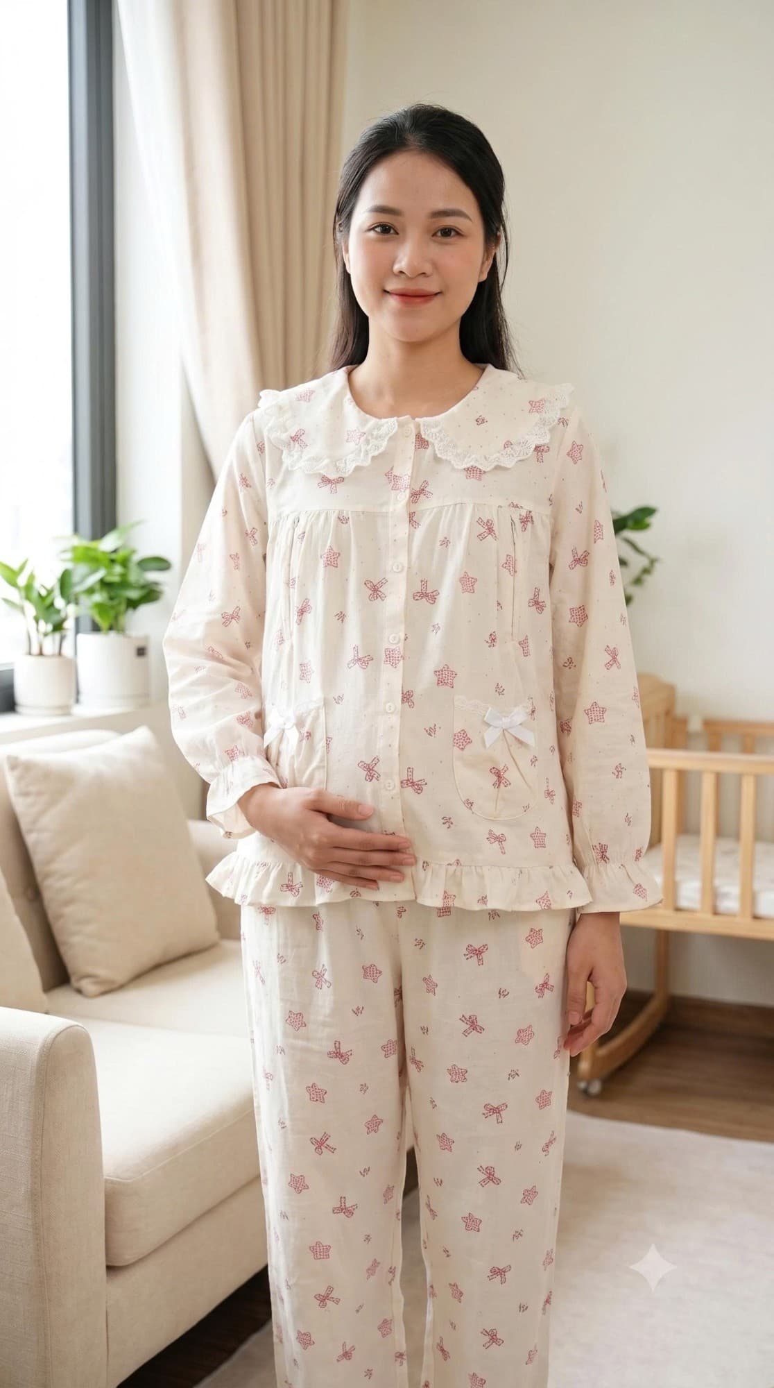 Bộ bầu cổ ren kem sao nơ đỏ