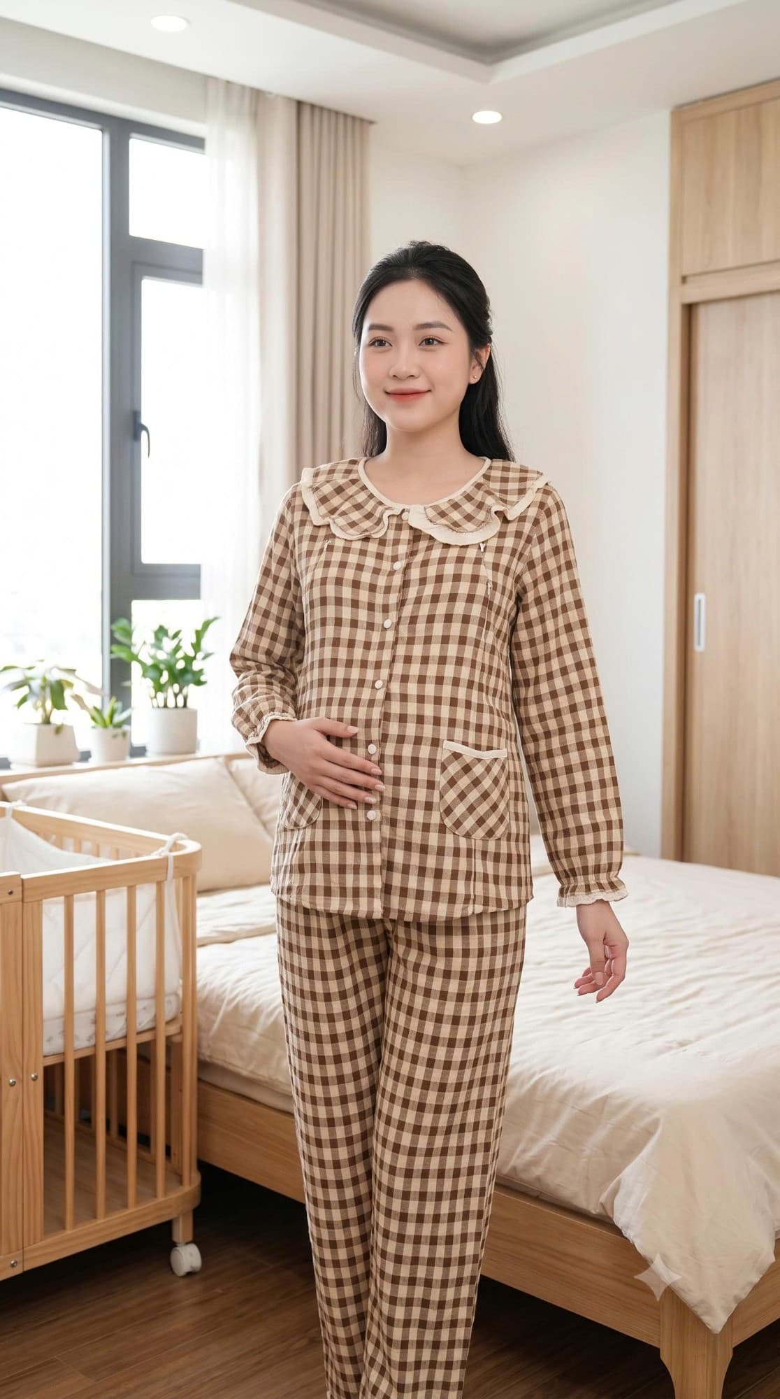 Bộ bầu cổ sen bèo caro nâu be nhạt