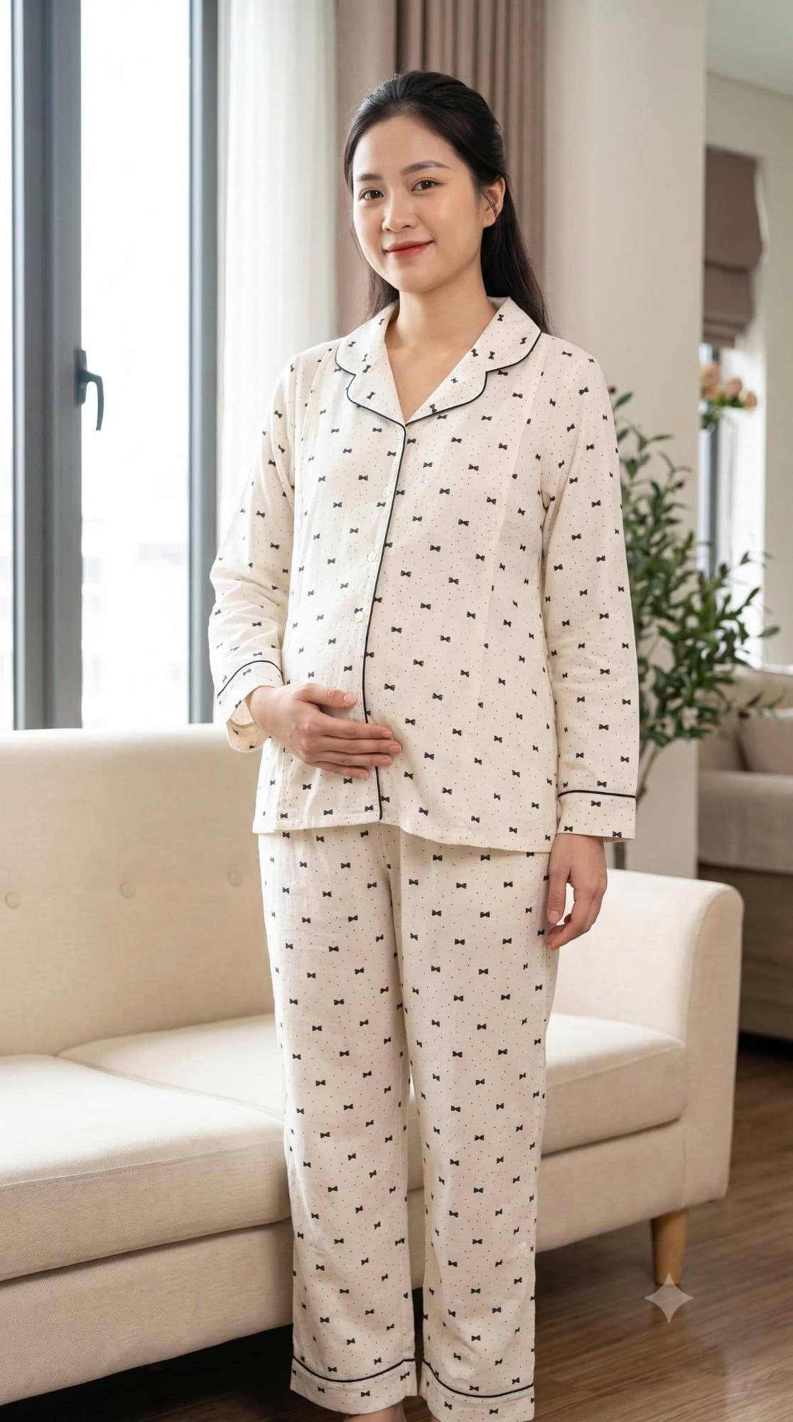 Bộ bầu pijama kem nơ đen