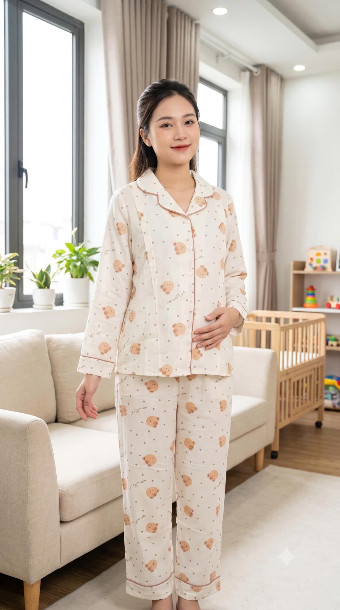 Bộ bầu pijama kem gấu nâu