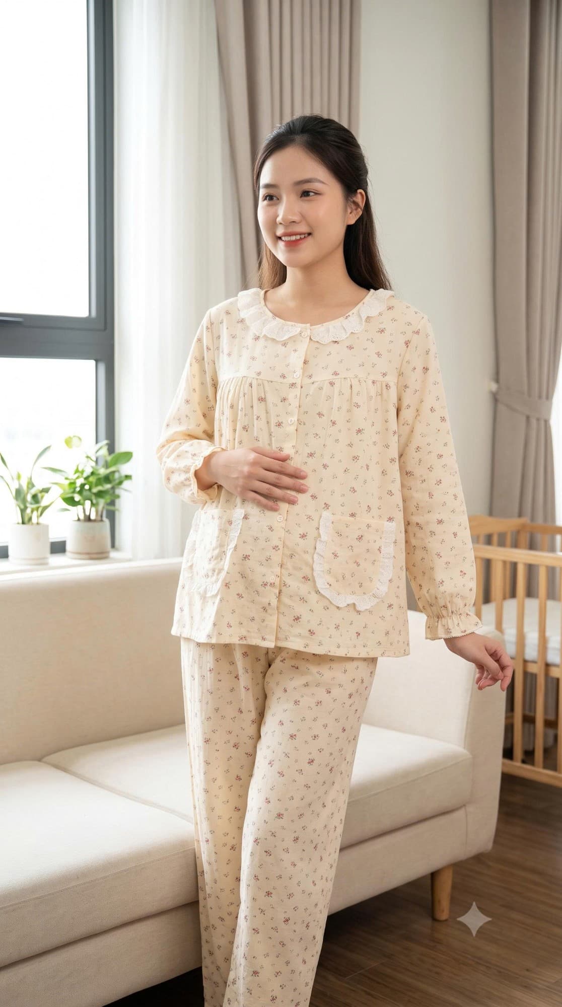 Bộ bầu cổ ren kem hoa nhí túi ren