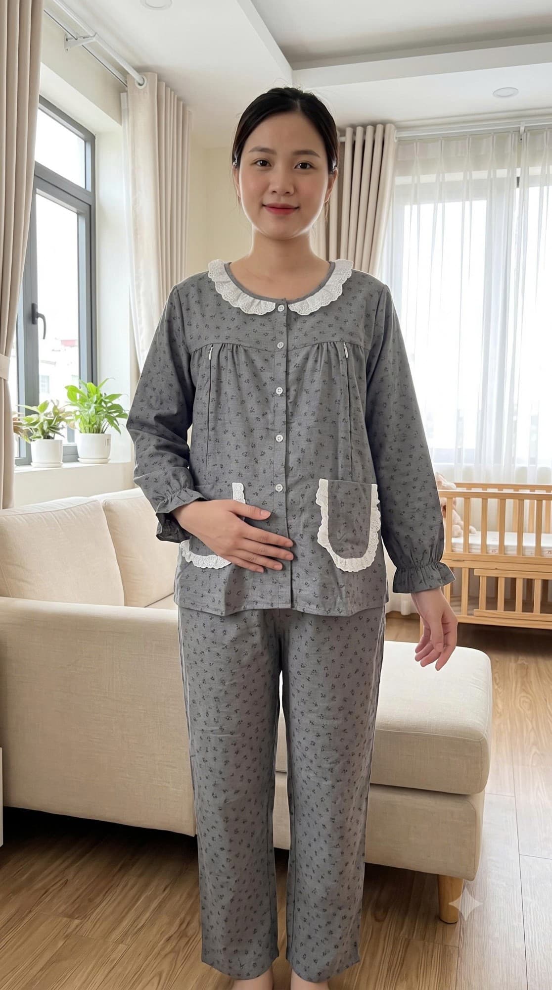 Bộ bầu cổ ren xám hoa nhí túi ren