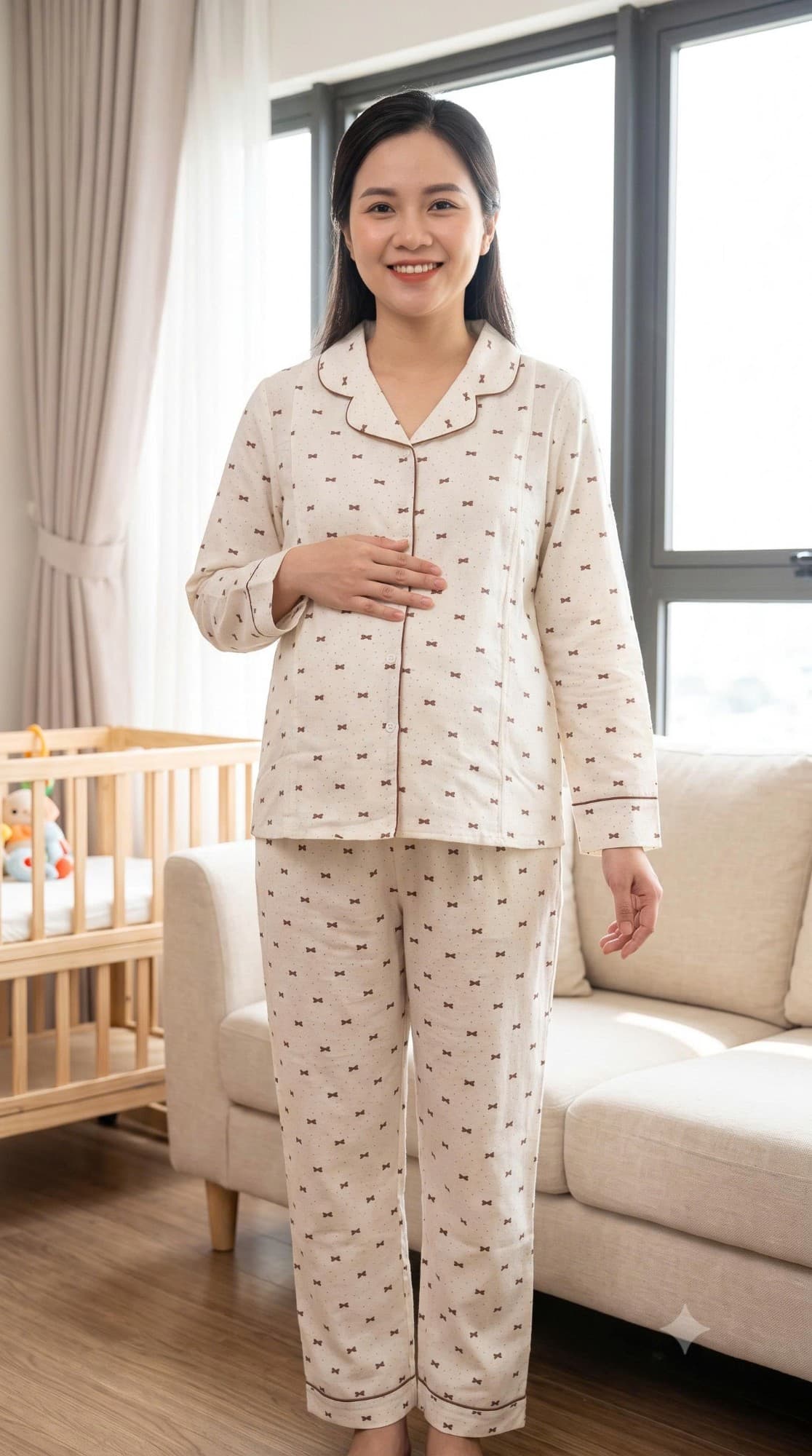 Bộ bầu pijama kem nơ nâu