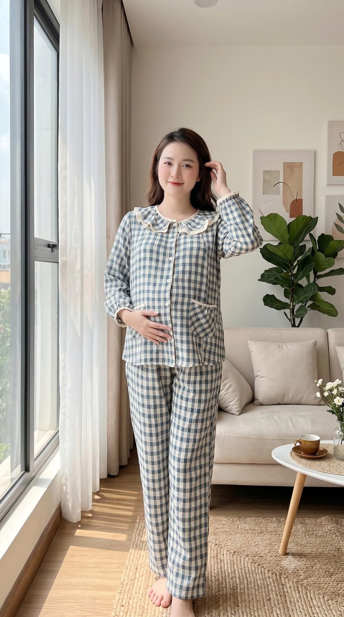 Bộ bầu cổ sen bèo caro xanh