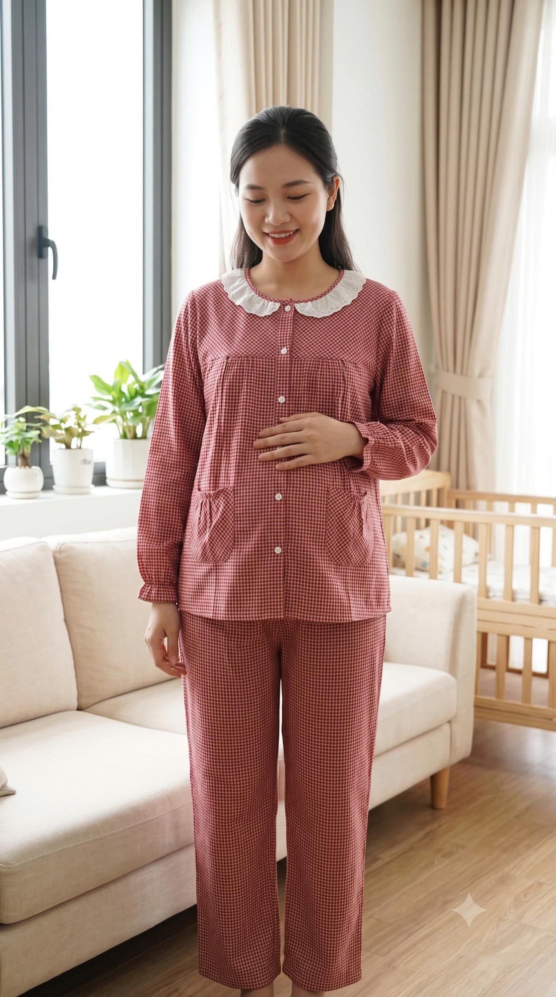 Bộ bầu cổ ren caro nhí đỏ