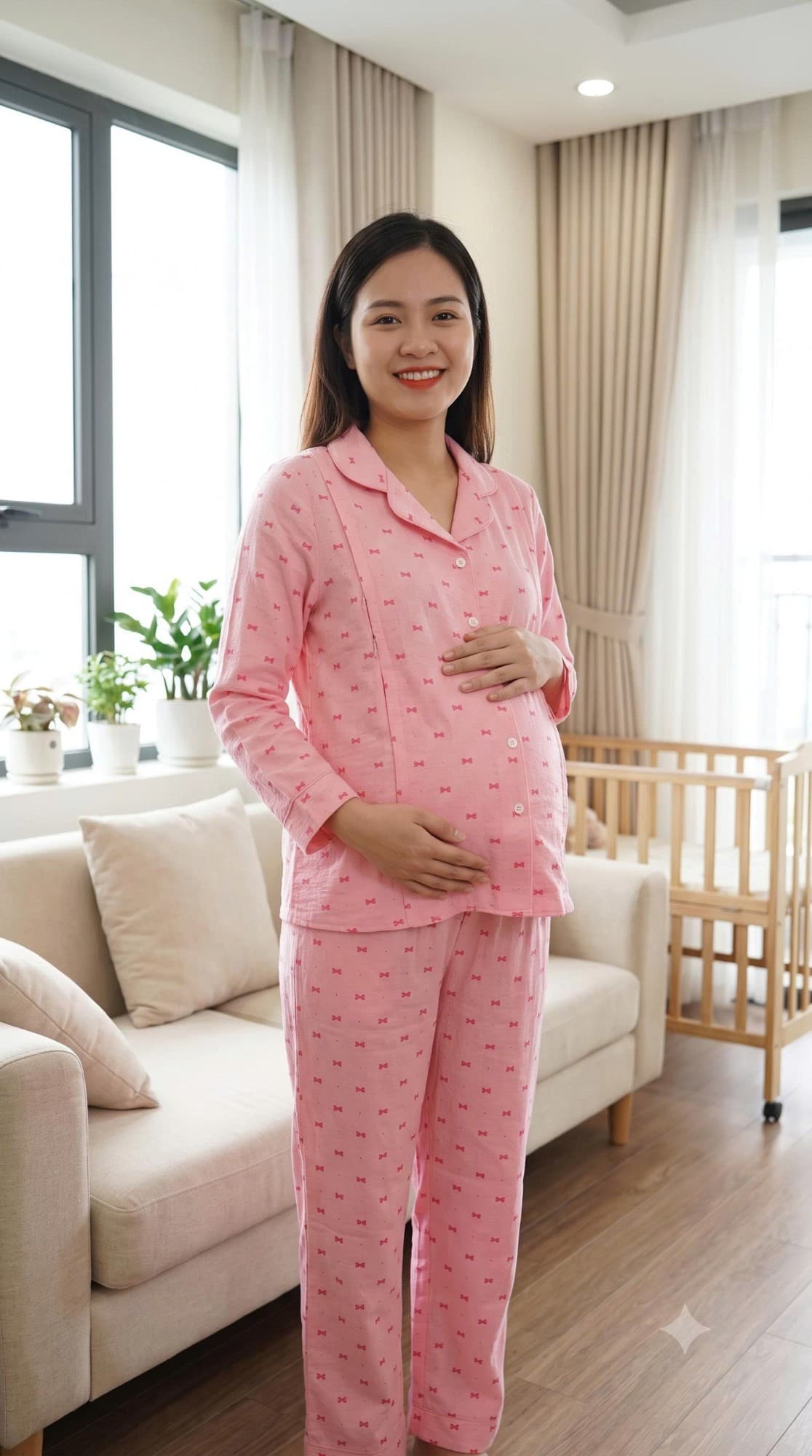 Bộ bầu pijama nơ hồng