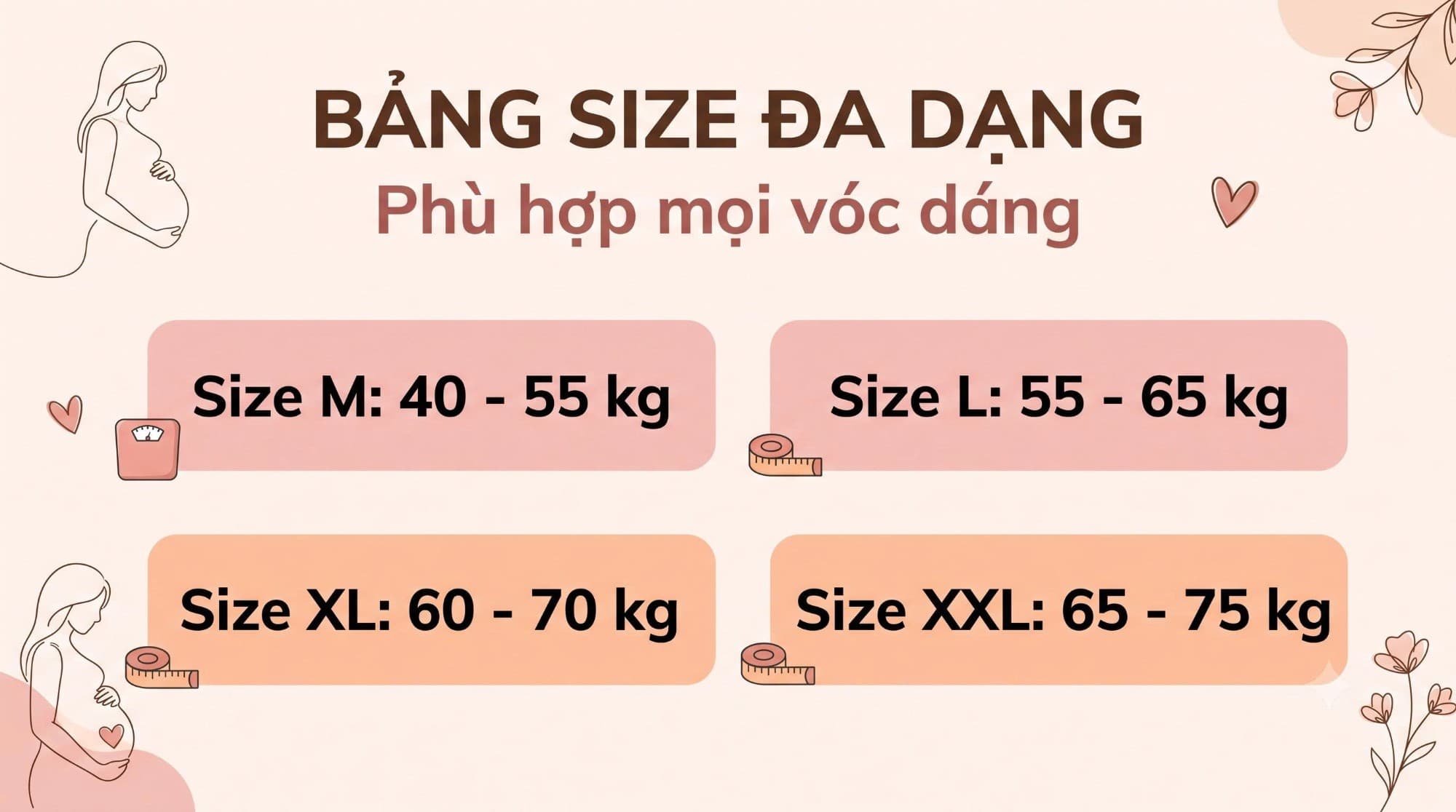 Bảng size emmee: M 40-55kg, L 55-65kg, XL 60-70kg, XXL 65-75kg
